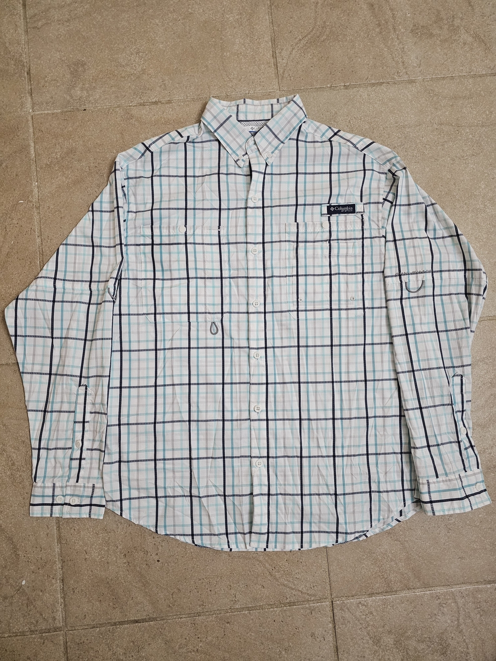 Columbia PFG Omni-Shade Men's Medium Plaid Long Sleeve Fishing Shirt White Blue